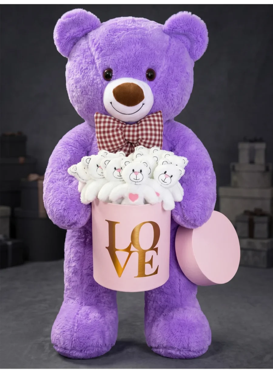 90 cm Dev Mor Peluş Ayı + 15’li Mini Ayıcık Pembe LOVE Kutulu Hediye Seti