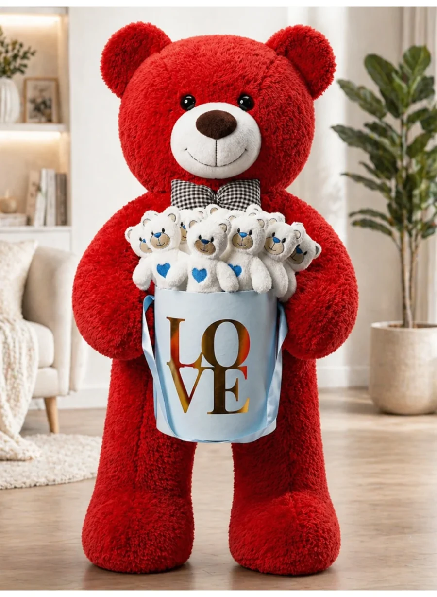 90 cm Büyük Kırmızı Peluş Ayı 15’li Mavi Kalpli Mini Ayıcık Mavi Love Kutusu