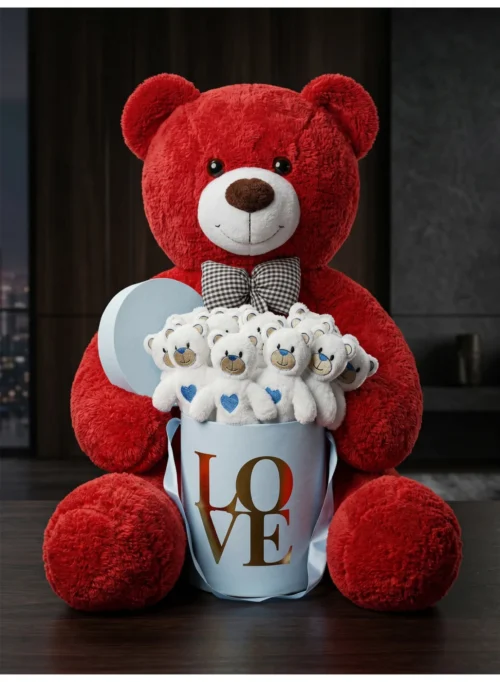 Mavi LOVE kutusu içinde 15'li mini ayıcıklarla birlikte 90 cm büyük kırmızı peluş ayı