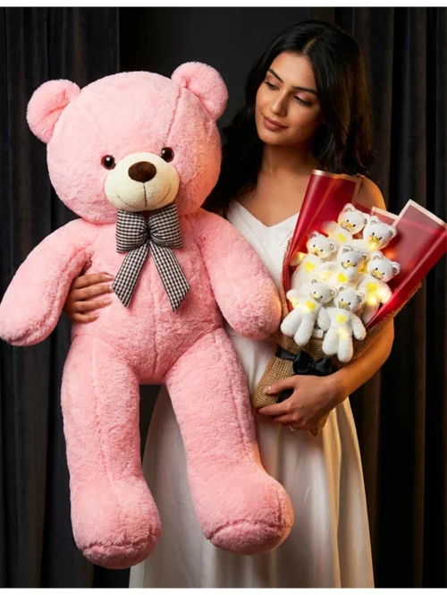 romantik sunumlu büyük pembe ayıcık ve ışıklı ayıcık buketi