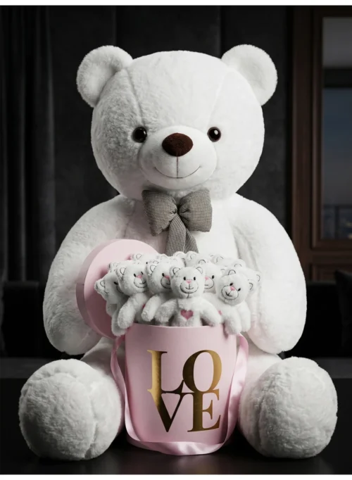 90 cm beyaz peluş ayı pembe kutuda mini ayıcıklarla birlikte romantik hediye