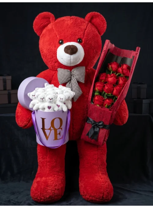 90 cm Kırmızı Peluş Ayı + 15 Mini Ayıcık Love Kutusu + Kırmızı Gül Buketi