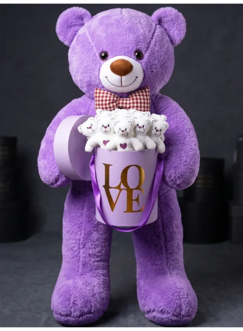 90cm Mor Peluş Ayı + 15 Mini Ayıcık Mor LOVE Kutusu