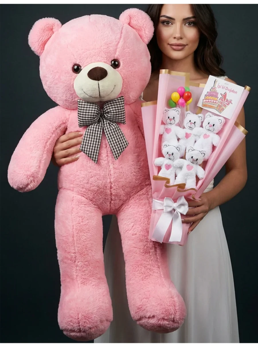 90 cm Pembe Peluş Ayı ve Doğum Günü Ayıcık Buketi Seti