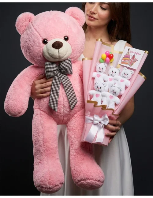 Büyük pembe peluş ayı ile konsept ayıcık buketi hediyesi