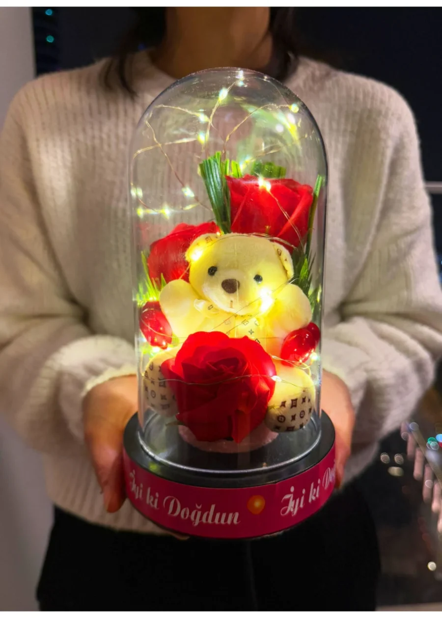 Güllü Ayıcıklı Ledli Fanus – İyi Ki Doğdun Doğum Günü Hediyesi