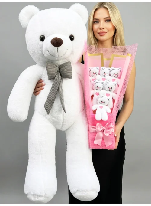 Büyük boy 90 cm beyaz ayıcık ile 6'lı ayıcık buketi yan yana sunum