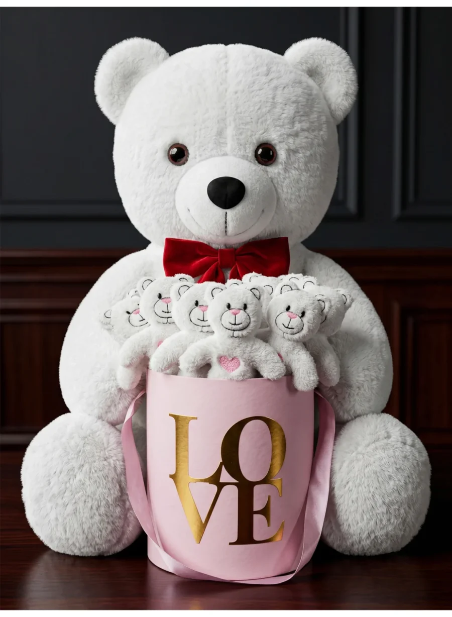 Pembe LOVE Kutulu 15’li Mini Ayıcık ve Papyonlu 55 cm Beyaz Ayı