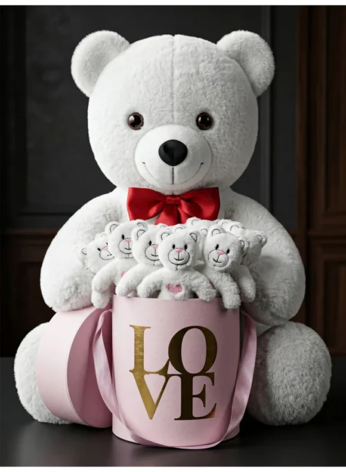 Romantik pembe LOVE kutulu 15 mini ayıcık ve 55 cm beyaz ayı arka açı