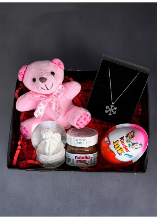 Pembe Mini Ayıcık Kar Küresi Kar Tanesi Kolye Kinder Joy ve Mini Nutella Hediye Kutusu