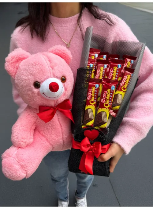 35cm Pembe Ayıcık ve Çikolatalı Gofret Buketi Hediyelik
