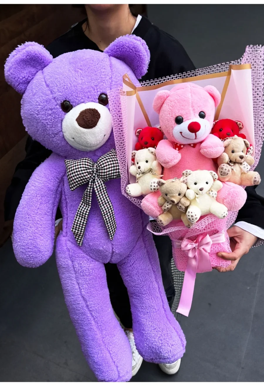 90 cm Mor Ayıcık ve Mini Ayıcık Buketi Peluş Hediye