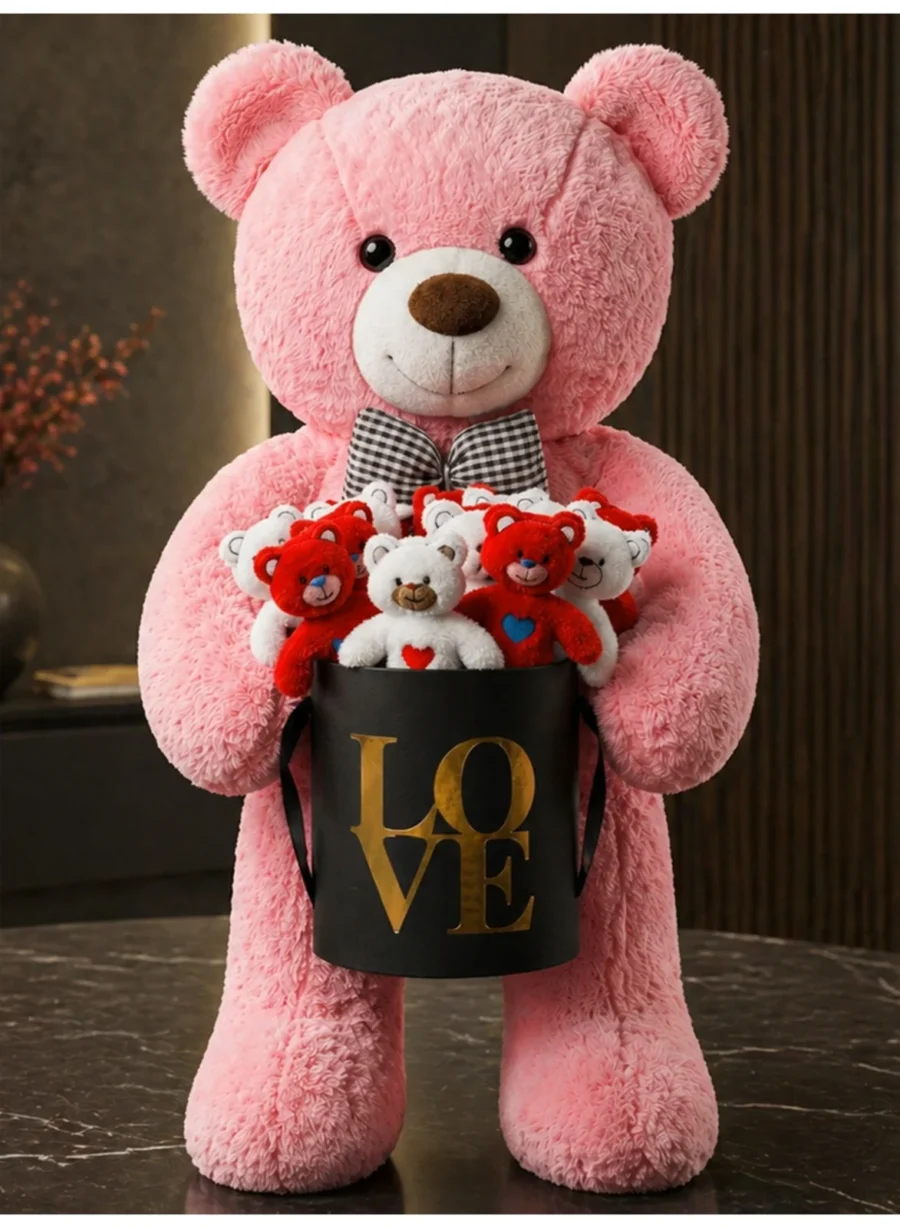 90cm Pembe Peluş Ayı + 15’li Kırmızı Beyaz Mini Ayıcık Siyah Gold Love Kutusu
