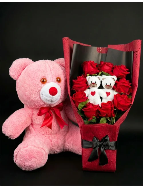 35 cm Pembe Ayıcık ve Kırmızı Gül Buketi Ayıcıklı Hediye