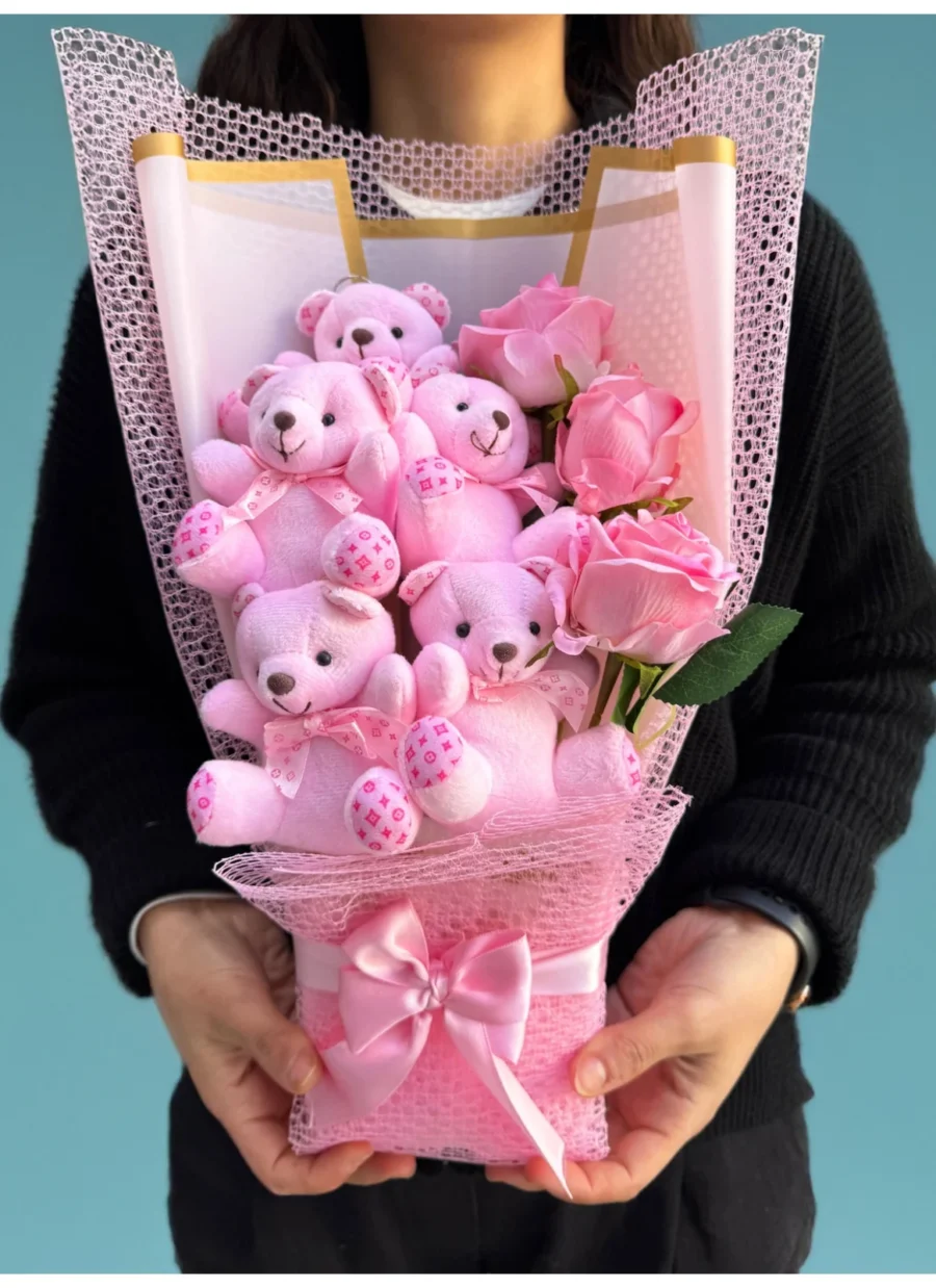 Pembe Ayıcık Buketi Pembe Güllü Romantik Hediye