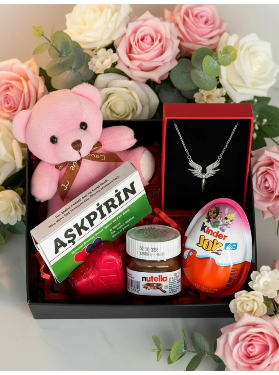 Pembe Mini Ayıcık, Çelik Melek Kolye, Nutella, Kinder ve Aşkpirin Kalpli Sevgiliye Hediye Kutusu