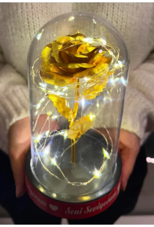 Led ışıklı fanus içinde gold renkli sonsuzluk gülü detaylı romantik hediye ürün görünümü