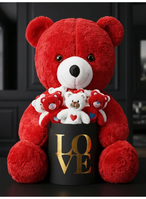 55 cm Kırmızı Peluş Ayı 15’li Mini Ayıcık Siyah Gold LOVE Kutu Seti