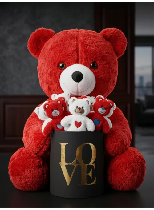 Kırmızı peluş ayı, 15 mini ayıcık ve siyah LOVE kutu ile özel gün hediyesi