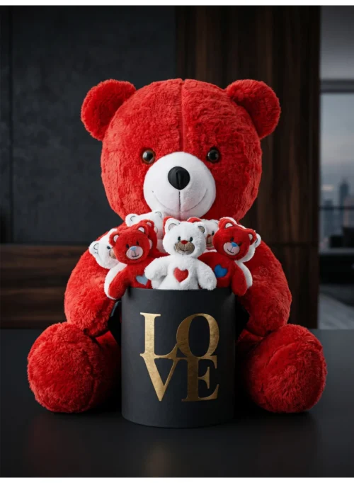55 cm kırmızı peluş ayı ile 15’li mini ayıcık LOVE kutu yakın görünüm