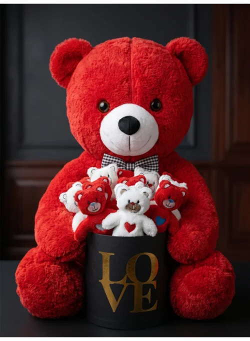 Kırmızı peluş ayı ve mini ayıcıklar içeren siyah LOVE kutulu hediye seti