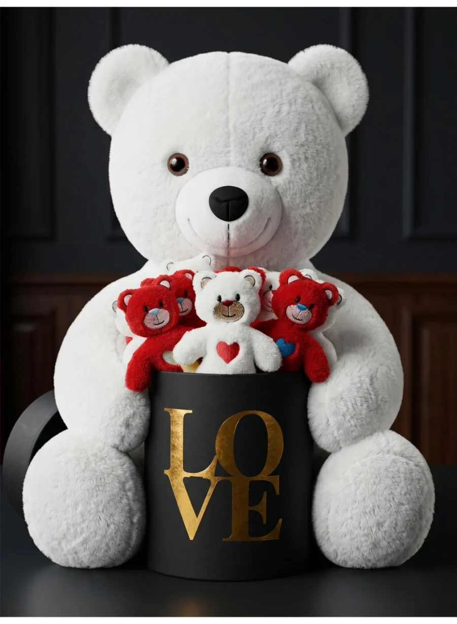 55 cm Beyaz Peluş Ayıcık ve Siyah Gold LOVE Kutulu 15 Mini Ayıcık Seti