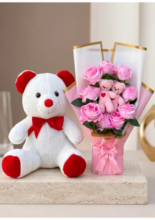 35 cm beyaz peluş ayıcık ve pembe gül buketi yakın görünüm